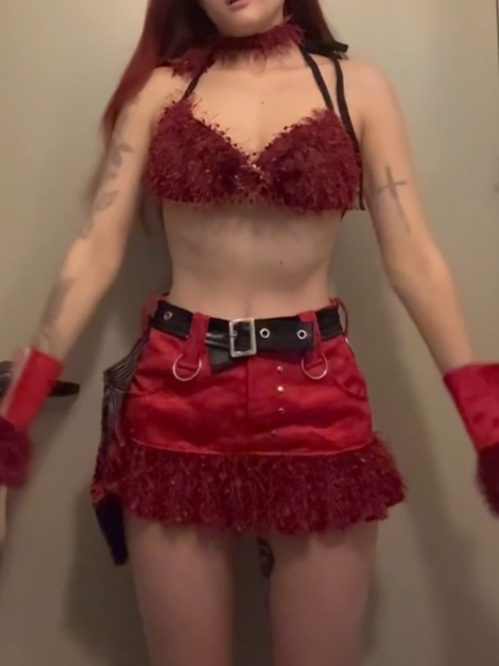 Red Fringe Rave Outfit! Bra, Skirt, Collar, Cuffs